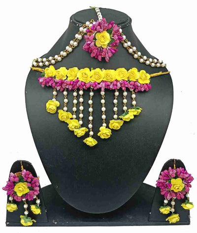 Lamansh Flower Jewellery 1 Necklace, 2 Earrings & 1 Maangtika with side chain Set / Yellow-Pink LAMANSH® Bridal Floral 🌺 Jewellery Set for Haldi Ceremony / Special Mehendi set