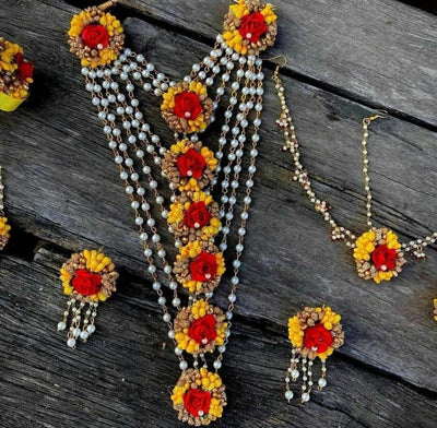 Lamansh Flower🌺🌻🌹🌷 jewellery 1 Necklace, 2 Earrings, 1 Maangtika / Yellow-Red LAMANSH® Handmade Flower Jewellery Set For Women & Girls / Multi Layered Necklace Haldi Set