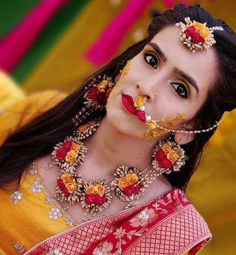 LAMANSH® Flower Fabric Hand Jewellery Haldi Baby Shower Mehndi Godbharai Set For Women, Girls Floral Jewellery Set