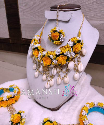 LAMANSH Flower Jewellery LAMANSH® Shells 🐚 X Floral 🌸 Jewellery Set for Mehendi Haldi Rasam / Artificial Flower Jewelry set for bride