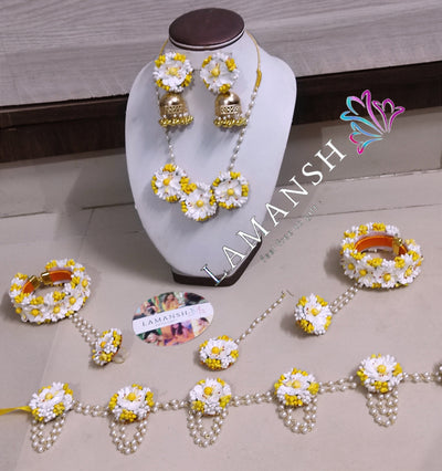 LAMANSH Flower Jewellery LAMANSH® Yellow White Artificial Flower 🌸 Jewelry Set with Kamarbandh / Hipchain for Bride in baby shower🤰ceremony