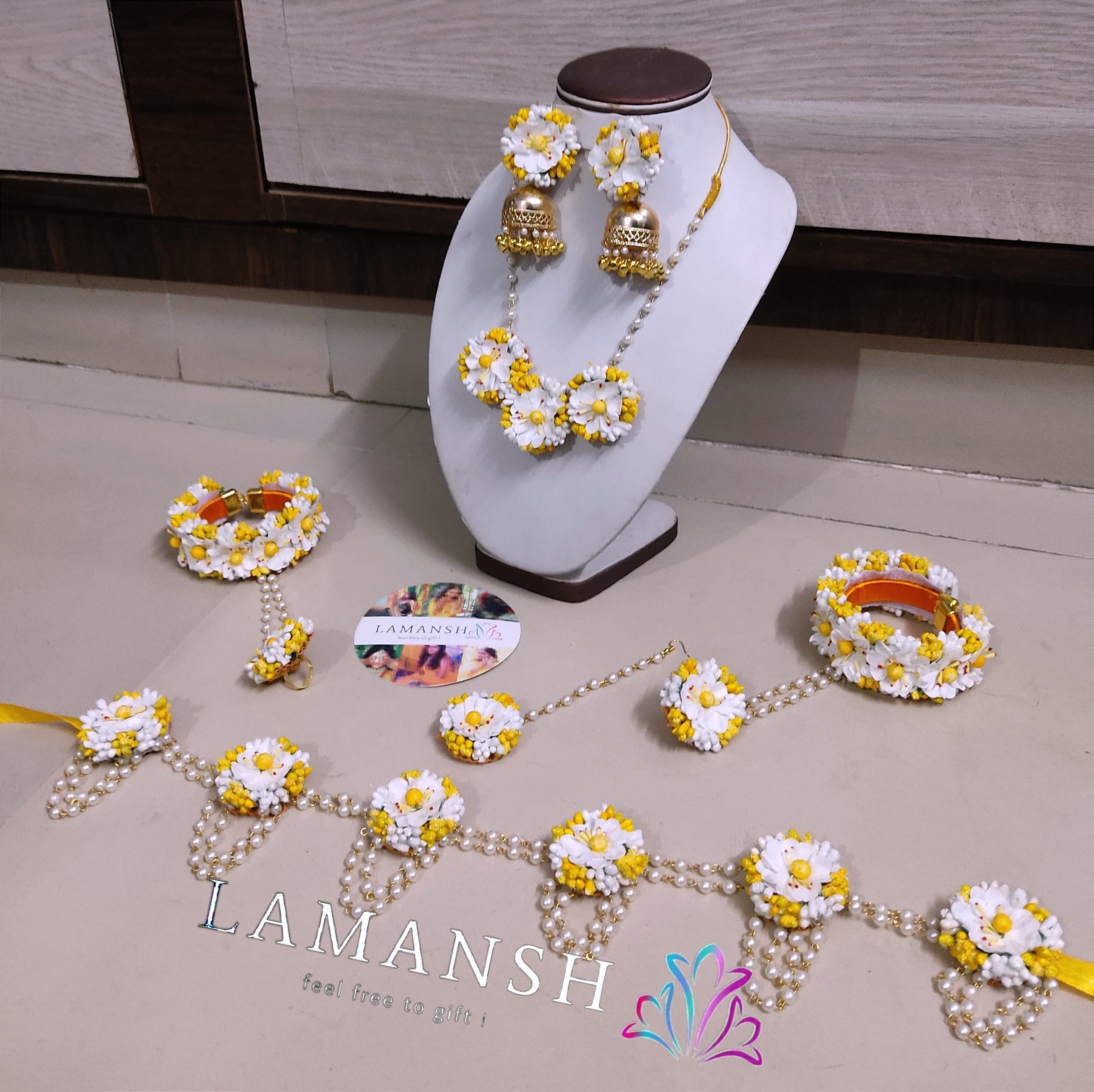 LAMANSH® Yellow White Artificial Flower 🌸 Jewelry Set with Kamarbandh Hipchain for Bride in baby shower🤰ceremony
