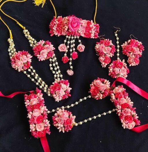 Lamansh Flower Jewellery set 1 Necklace,1 Choker, 2 Earrings,1 Maangtika & 2 Bracelet Attached With Ring set / Pink LAMANSH® Designer Floral Jewellery Set for Women & Girls