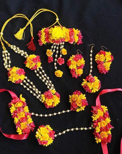 Lamansh Flower Jewellery set 1 Necklace,1 Choker, 2 Earrings,1 Maangtika & 2 Bracelets Attached With Ring set / Yellow-Pink LAMANSH® Designer Floral Jewellery Set for Women & Girls