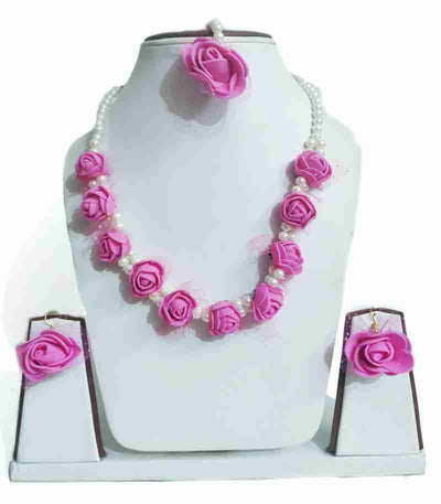 Lamansh Flower Jewellery Set 1 Necklace, 2 Earrings ,1 Maangtika set / Pink- LAMANSH® Handmade Flower Jewellery Set For Women & Girls / Haldi Set