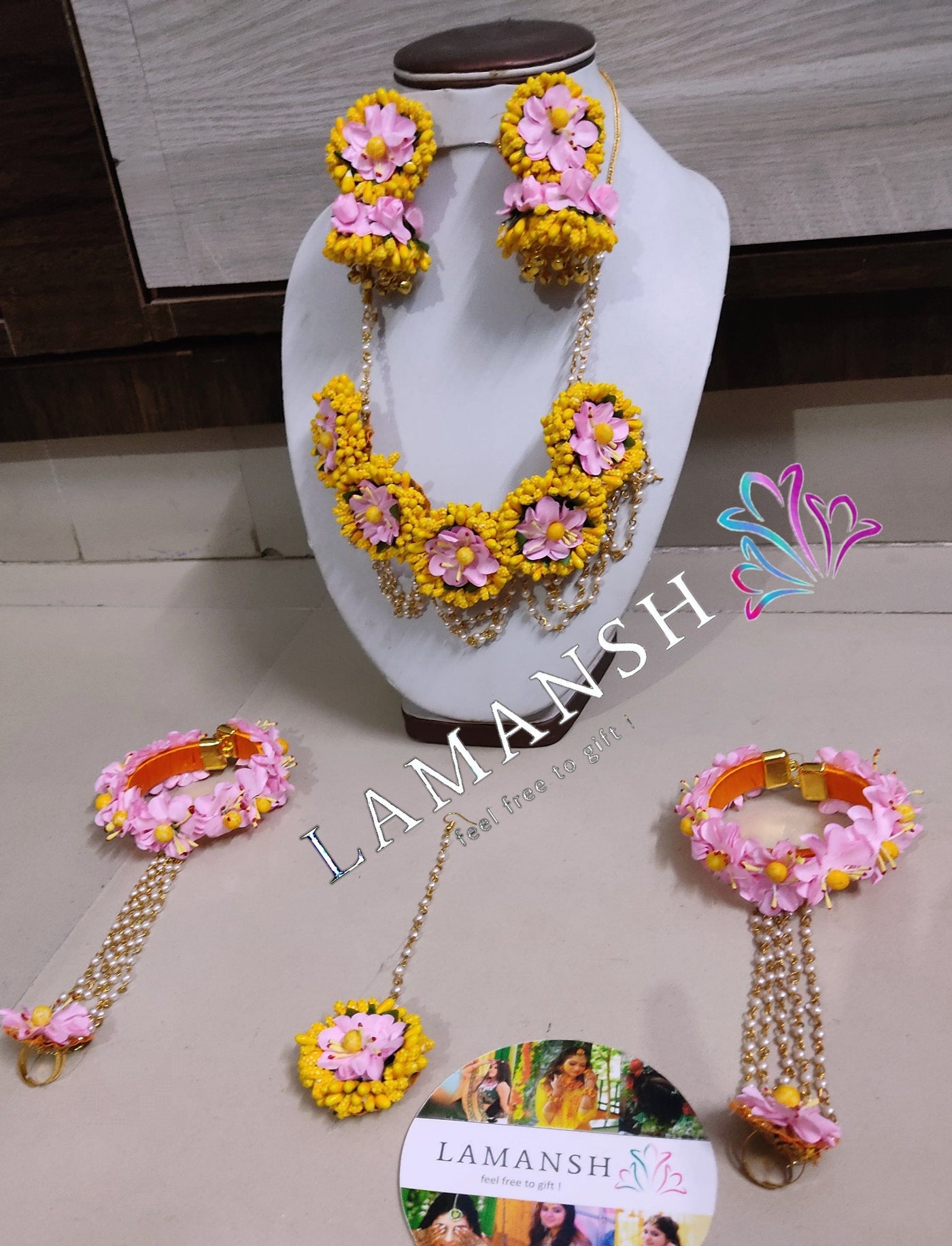 LAMANSH Flower Jewellery Yellow & Baby Pink LAMANSH® Yellow Pink Artificial Flower 🌸 Jewellery Set for Haldi - Mehendi ceremony