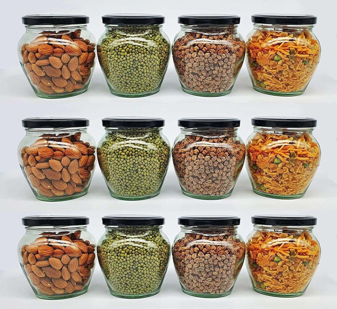 LAMANSH Glass jar Glass / 500Ml / 6 LAMANSH® Glass Jars For Kitchen Kitchen Dried Masla Storage Jar,Honey Jar,Jar and Container,Spice Masala Jar Pack Of 6 (MATKA -500 ML)Air tight black lid