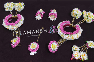 Lamansh latest floral set 1 Hair Paasa , 2 Earrings, 1 Maangtika, 2 Bracelet Attached With Ring & Kaleera set / Pink White LAMANSH® Bridal Shells Flower 🌺 Jewellery set with Kaleera's / Best for Mehendi function