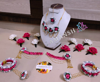 Lamansh latest floral set Pearl Drop in Earrings LAMANSH® Artificial Pink - Silver Flower Jewellery set for Haldi & Mehendi ceremony