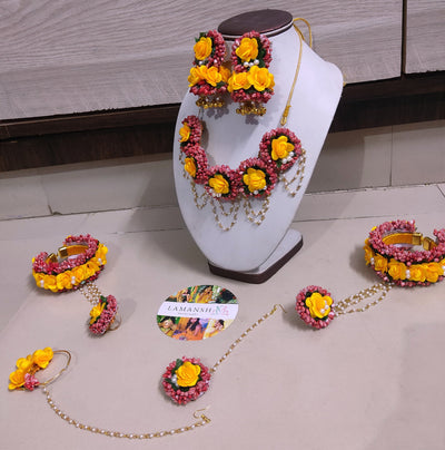 Lamansh latest mogra Jewellery LAMANSH® Artificial Flower 🌺 Jewellery set with Nath/Nosering / Red Yellow Floral Jewelry set for Haldi Mehendi ceremomy