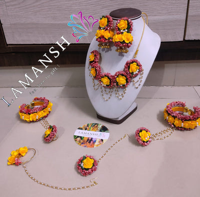Lamansh latest mogra Jewellery LAMANSH® Artificial Flower 🌺 Jewellery set with Nath/Nosering / Red Yellow Floral Jewelry set for Haldi Mehendi ceremomy