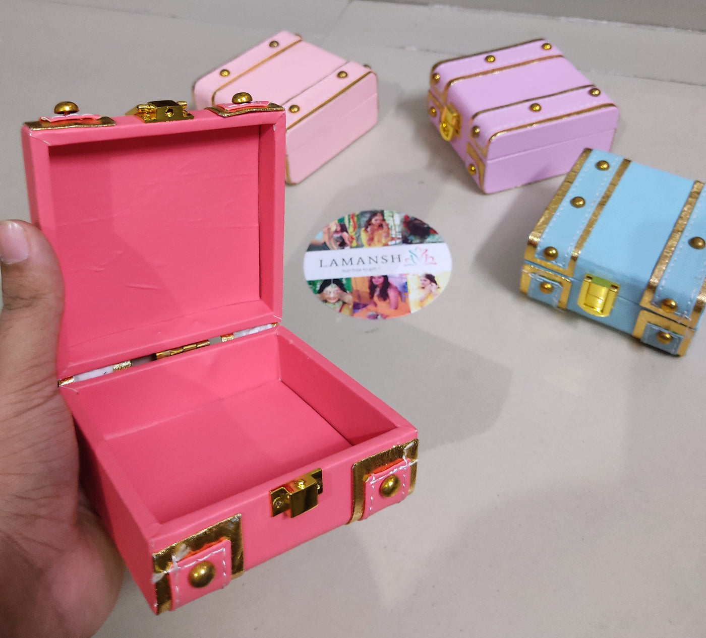 Lamansh leatherite boxes LAMANSH® (4*4*2.15 inch) Leatherette mini trunk boxes for gifting 🎁 / small leatherite lock boxes for wedding favors / mini boxes for giveaways 🎁