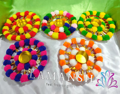 LAMANSH Multicolor / Pom Pom / 5 LAMANSH Pack of 5 Handmade Beautiful Flower Pom Pom Gota Patti Tea Light Diya Candle Holder for Diwali and Home Decoration