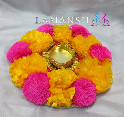LAMANSH Multicolor / Pom Pom / 5 LAMANSH Pack of 5 Handmade Round Flower Pom Pom Gota Patti Tea Light Diya Candle Holder for Diwali and Home Decoration