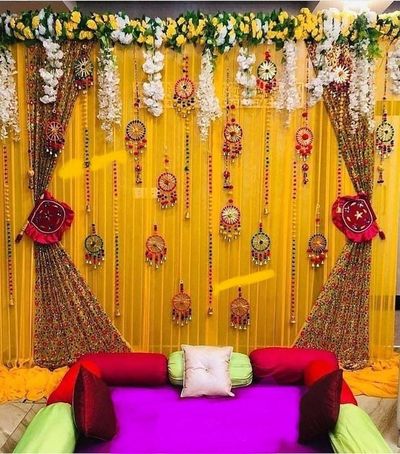 LAMANSH Multicolor / Wood / Fabric / 20 LAMANSH® ( Pack of 20 ) Gota Chakri Hangings Wedding Decor Dreamcatcher Wall Hangings Indian Shaadi Decorations Decor Photobooth Backdrop