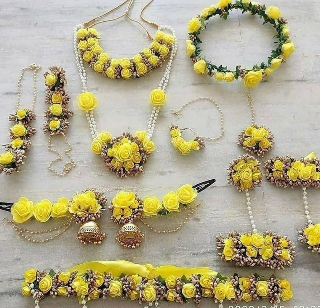 Yellow Flower Jewellery For Haldi with nosering / nath