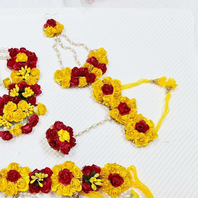 Lamansh Necklace, Earring, Maangtika, Bangles set & Kamarband 1 Necklace , 2 Earrings , 1 Maangtika, 2 Bangles set & 1 Kamarband / Yellow-Red LAMANSH® Special Floral 🌺 Jewellery Set