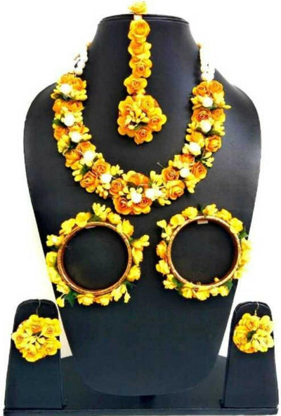 Lamansh Necklace, Earring, Maangtika & Bangles Set yellow / Free size / Bridal Style Lamansh Bridal Floral Jewellery set