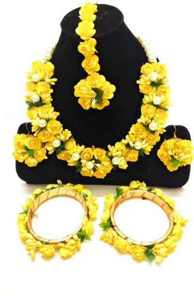 LAMANSH Necklace , Earring, Maangtika , Bangles set Yellow / Free Size / Bridal Style New Jaipur Handicraft Floral Jewellery Set