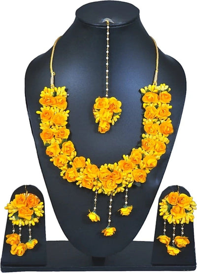 LAMANSH Necklace , Earring, Maangtika & Bracelets Set Yellow / Free Size / Bridal Style New Jaipur Handicraft Floral Jewellery Set