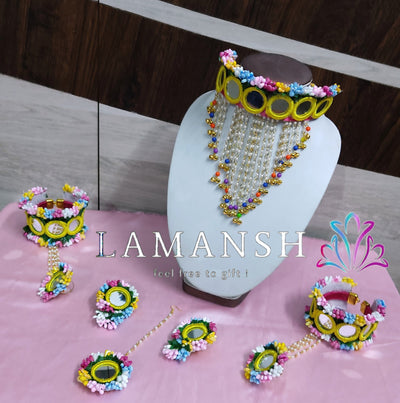 Lamansh Necklace, Earring, Maangtika & Hathphool 1 Necklace , 2 Earrings , 1 Maangtika & 2 Hathphool / Rainbow LAMANSH® Mirror Collection Floral 🌺 Jewellery with Hathphool set