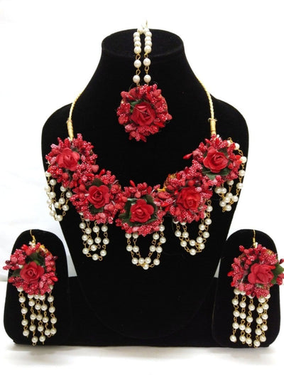 LAMANSH Necklace , Earring, Maangtika Red / Free Size / Bridal Style New Jaipur Handicraft Floral Jewellery Set