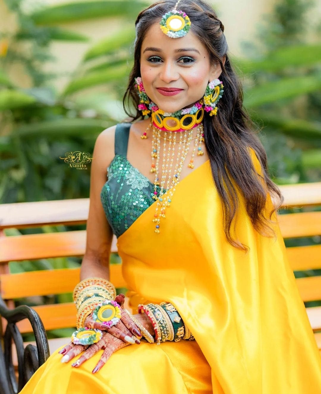 LAMANSH® Mirror Collection Bridal Floral 🌺 Jewellery Set for Haldi Mehendi ceremony Floral set with rings