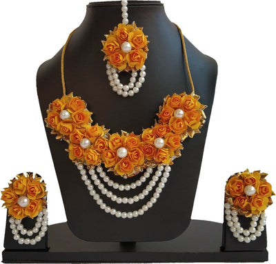 LAMANSH Necklace , Earring, Maangtika Set Orange / Free Size / Bridal Style New Jaipur Handicraft Artificial Flower Jewellery Set