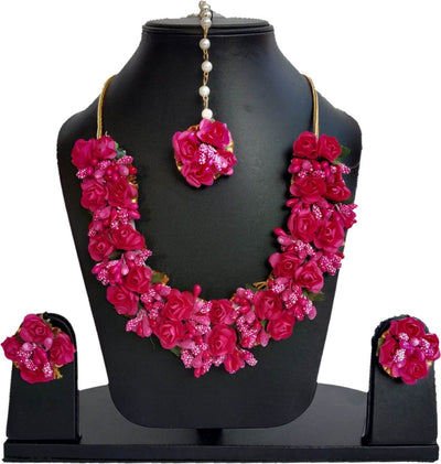 LAMANSH Necklace , Earring, Maangtika Set Pink / Free Size / Bridal Style New Jaipur Handicraft Artificial Flower Jewellery Set