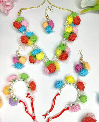Lamansh Necklace, Earrings, Maangtika & Bracelet set 1 Necklace, 2 Earrings ,1 Maangtika & 2 Bracelet set / Rainbow LAMANSH® Fabric & Paper Flower Jewellery Set for Women & Girls / Haldi Set
