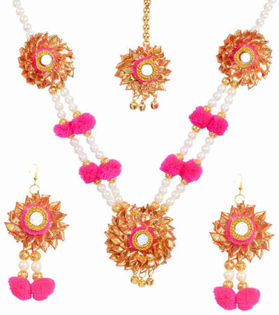 Lamansh Necklace, Earrings & Maangtika set 1 Necklace, 2 Earrings,1 Maangtika set / Pink-Gold LAMANSH® Designer Floral Jewellery Set for Women & Girls / Gota Patti Haldi Set