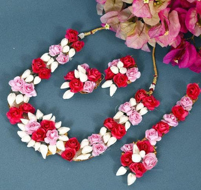 Lamansh Necklace, Earrings & Maangtika set 1 Necklace, 2 Earrings,1 Maangtika set / Pink-Red LAMANSH® Designer Floral Jewellery Set for Women & Girls