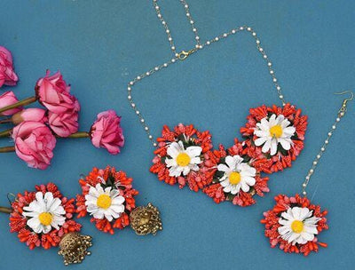 Lamansh Necklace, Earrings & Maangtika set 1 Necklace, 2 Jhumki Earrings,1 Maangtika set / Red-White LAMANSH® Designer Floral Jewellery Set for Women & Girls