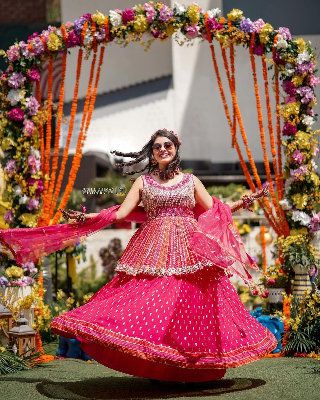 LAMANSH new floral sets Gold Pink Orange / Standard / Bridal Style 🔥 LAMANSH® Bridal Dry Flower Jewellery set with Tiara / Best for Haldi - Mehendi ceremony