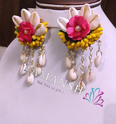 LAMANSH shells Earrings set Yellow pink / Standard / Shells 🐚 Style LAMANSH® Floral Shells 🐚Earrings Set for Haldi Mehndi ceremony