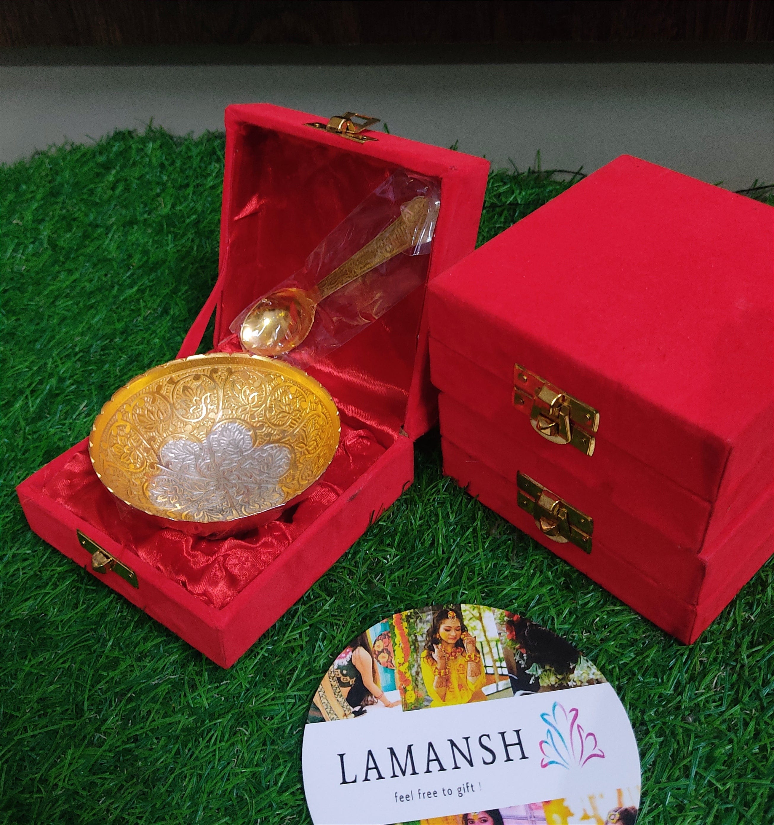 ( BULK ) LAMANSH® Golden Silver Plated Metal Bowl set for Gifting 🎁 |  German Silver Bowl set in velvet box for Wedding favours