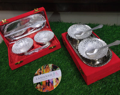 Lamansh silver bowl sets (BULK) LAMANSH® Silver Plated Metal Bowl set for Gifting 🎁 | German Silver Brass Tray & Bowl set in velvet box for Wedding favours & Return Gifting 🎁