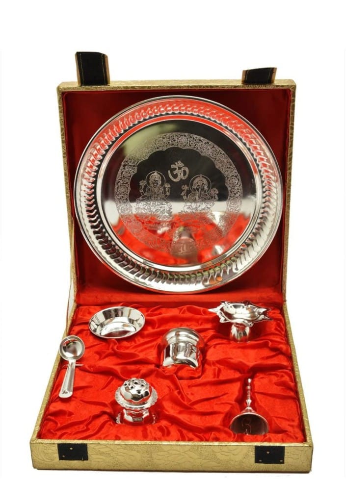 LAMANSH ® silver plated gifts Silver LAMANSH Brass Aluminum Pooja Thali Set for Puja and Home Decoration Purpose (23.622 x 23.622 x 6.35 cm, German Silver)