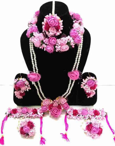 New Jaipur Handicraft Necklace, Choker, Earring, Maangtika & Bracelet Set Pink / Free Size / Bridal Look Lamansh® 🌺 Floral Jewellery Set For Haldi Rasam / Mehendi set