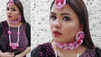 New Jaipur Handicraft Necklace, Choker, Earring, Maangtika & Bracelet Set Pink / Free Size / Bridal Look Lamansh® 🌺 Floral Jewellery Set For Haldi Rasam / Mehendi set