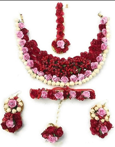 New Jaipur Handicraft Necklace ,Earring, Maangtika & Bracelet Set Pink-red / Free size / Bridal Look Lamansh® 🌺🌻🌹🌷 Floral Jewellery Set