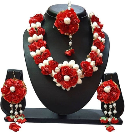 New Jaipur Handicraft Necklace ,Earring, Maangtika & Bracelet Set red / Free size / Bridal Look Lamansh® 🌺🌻🌹🌷 Floral Jewellery Set