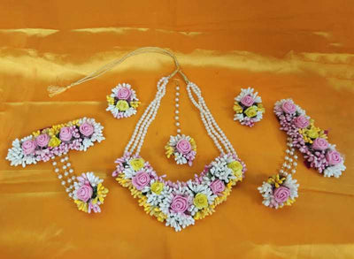 New Jaipur Handicraft Necklace ,Earring, Maangtika & Bracelet Set 🌸 Yellow-pink-white / Free Size / Bridal Look Lamansh® 🌺 Special Flower Jewellery Set