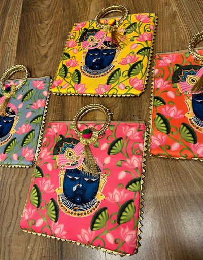 100 Rs each on buying 🏷 50+ qty | Call 📞 at 8619550223 gift hand bag LAMANSH Shreenathji print hand bags for haldi mehendi sangeet wedding return gifts 🎁 / Pooja or festival ceremony favours