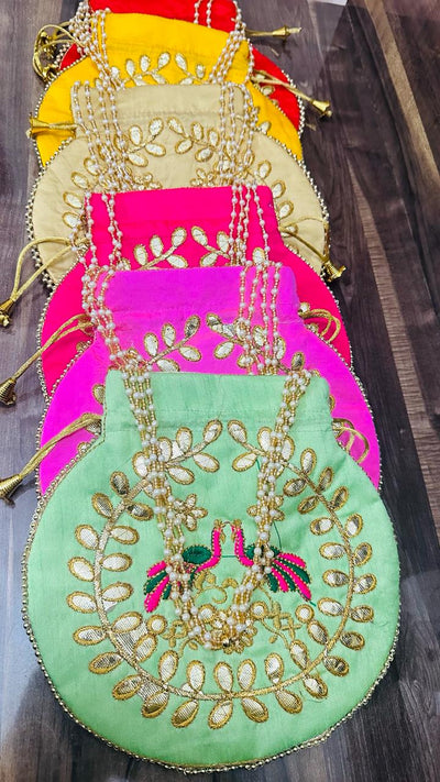 100 Rs each on buying in bulk 50+qty / Whatsapp at 8619550223 to order Women's Potli Bag Pack of 1 LAMANSH (9*9 inch) Peacock Embroidered potli bags for gifting / Gota work Potli bags for indian wedding ceremonies