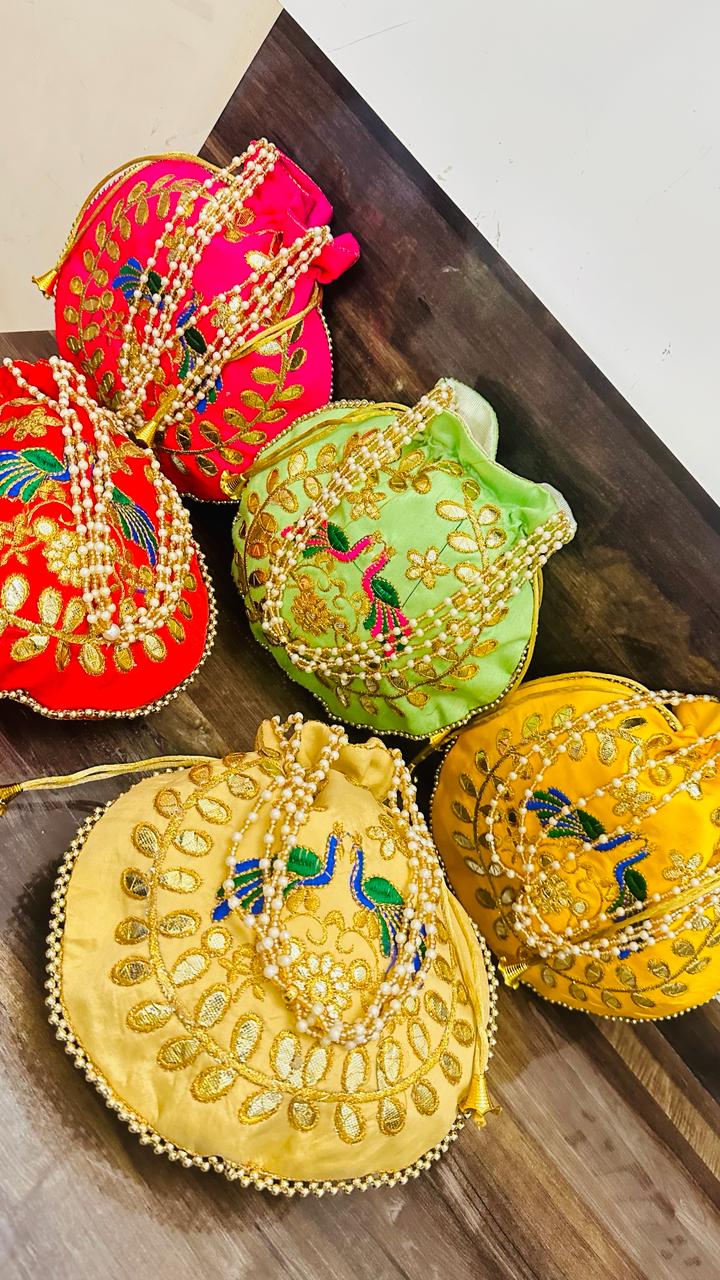 100 Rs each on buying in bulk 50+qty / Whatsapp at 8619550223 to order Women's Potli Bag Pack of 1 LAMANSH (9*9 inch) Peacock Embroidered potli bags for gifting / Gota work Potli bags for indian wedding ceremonies