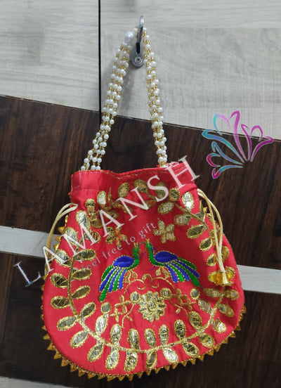 100 Rs each on buying in bulk 50+qty Women's Potli Bag LAMANSH® (Size - 6*8 inch) Peacock Embroidered potli bags for gifting / Gota work Potli bags for indian wedding ceremonies