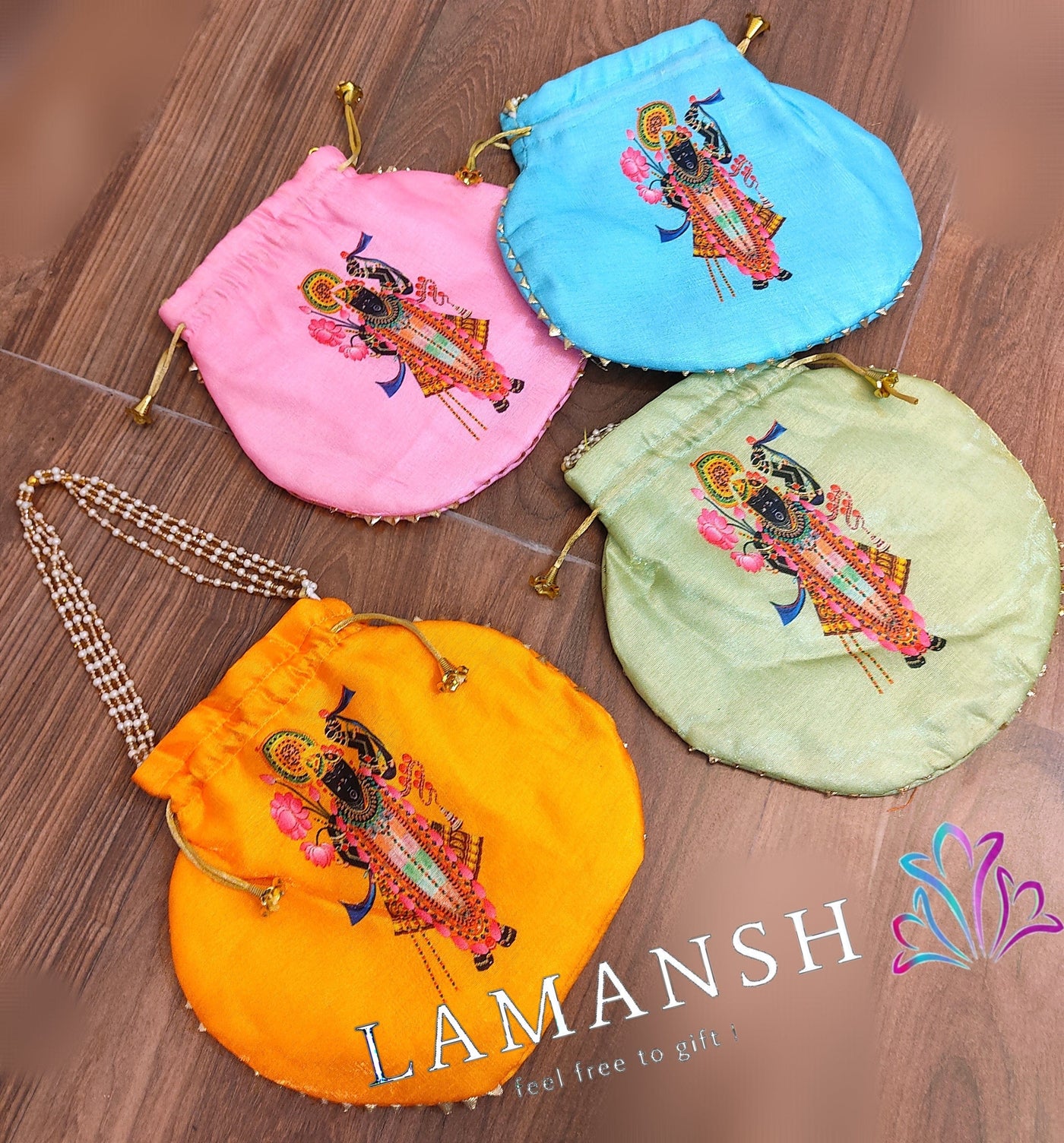100 Rs each on buying 🏷in bulk | Call 📞 at 8619550223 Women's Potli Bag LAMANSH® Shreenath ji 🙏 potli bags for festival puja giveaways | Shrinath ji Print potli bags for return gifting in Wedding & Religious functions