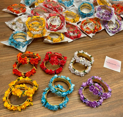 100 Rs pair on buying 50+ pairs / Whatsapp at 8619550223 to order 🏷️ Floral 🌺 Giveaways bangles LAMANSH Gota Floral Bangles for haldi mehendi sangeet favors for bridesmaids / Flower Bangles for giveaways in Rakhi, Navratri and festivals