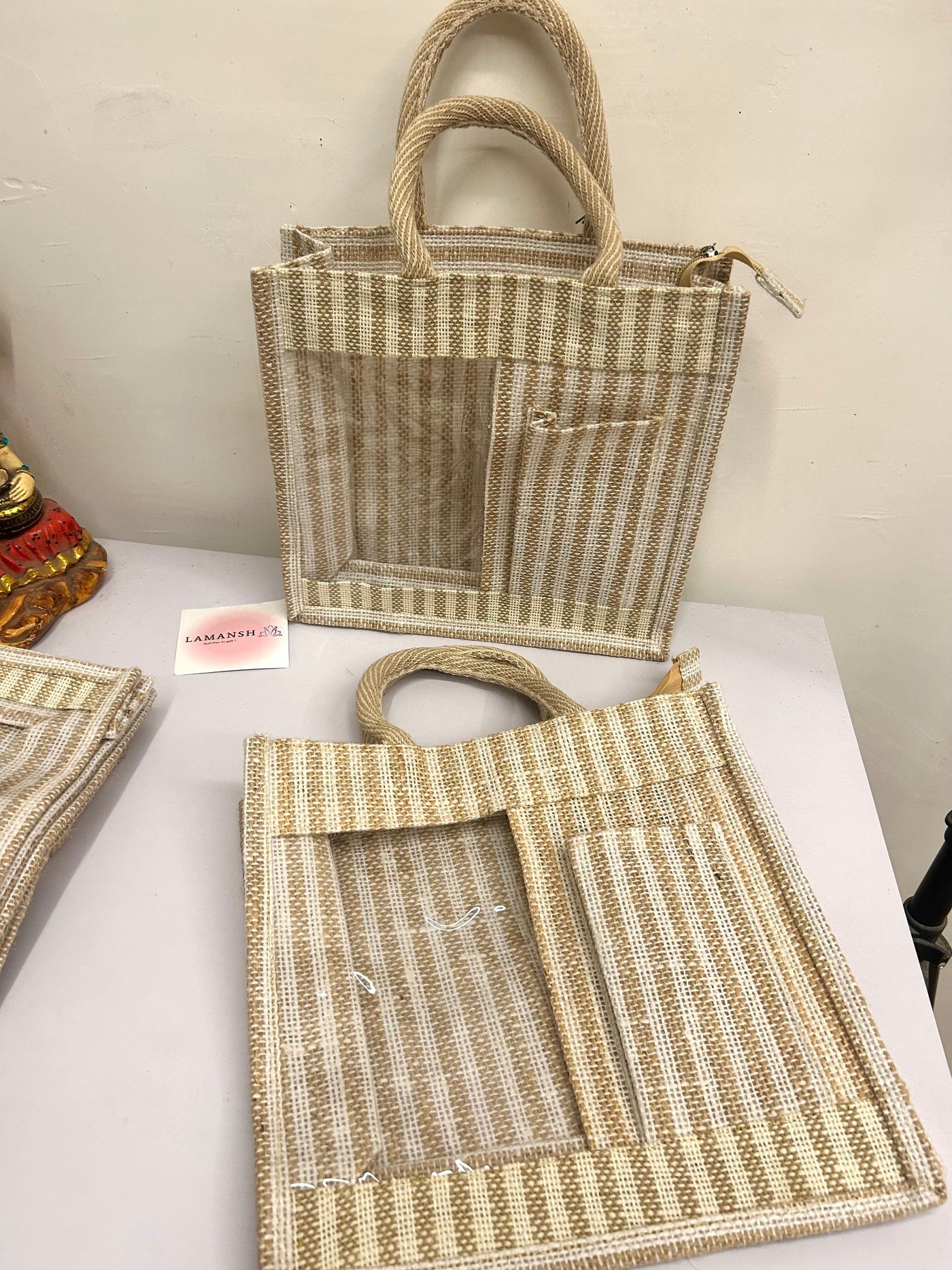 110 Rs each on buying 50+ pcs / WhatsApp at 8619550223 to order 🏷️ jute gift bags 1 Royal quality finish zipper Jute bags with transparent front and mini pouch (11*10*4 inch)